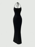 Sweetra Women Fitted Halter Mermaid Dress, Black Maxi Women Outfit