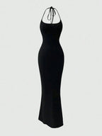 Sweetra Women Fitted Halter Mermaid Dress, Black Maxi Women Outfit