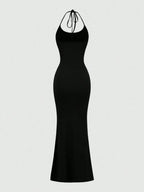Sweetra Women Fitted Halter Mermaid Dress, Black Maxi Women Outfit