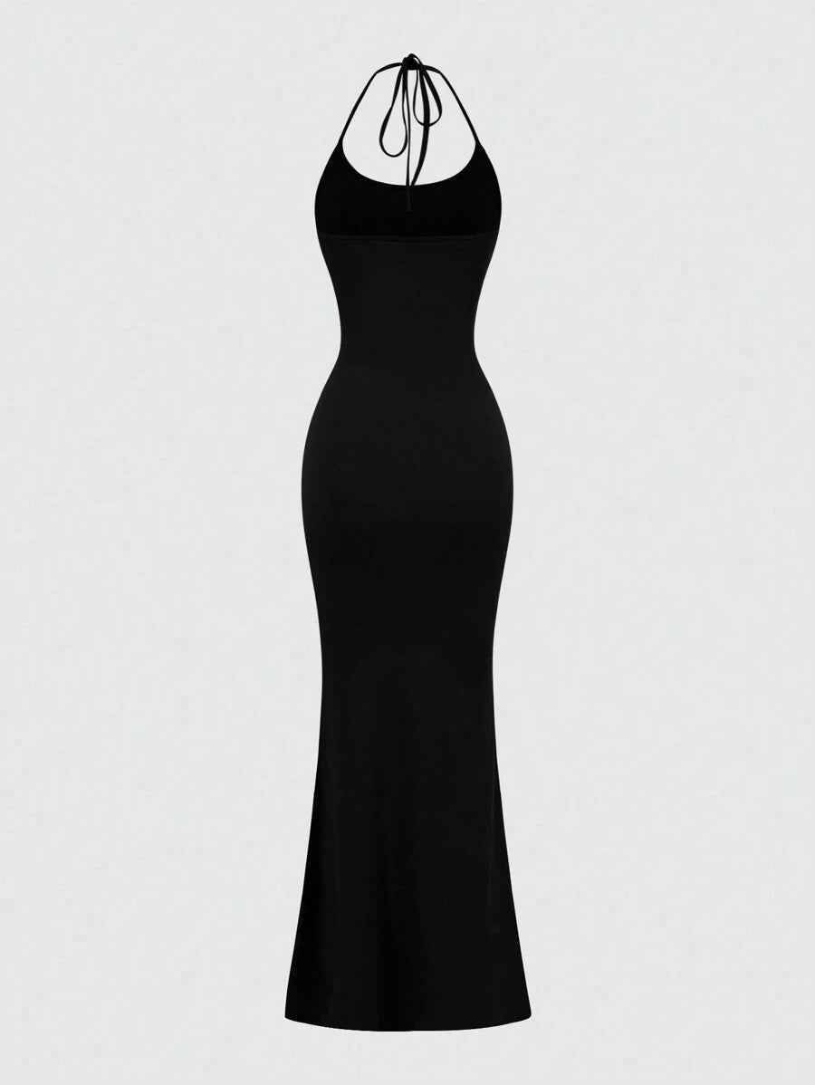 Sweetra Women Fitted Halter Mermaid Dress, Black Maxi Women Outfit