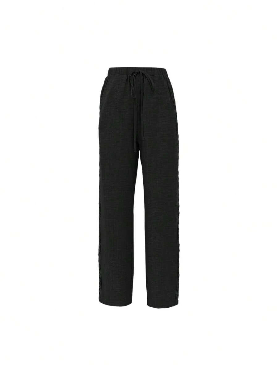 EMERY ROSE Women's Denim Effect Linen Blend Pants With Lace Hem Fall Cloth For Women