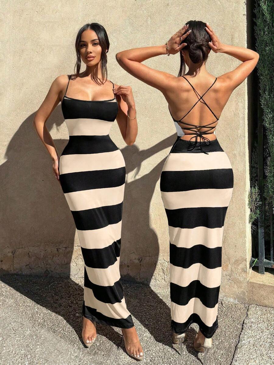 Sirith Women's Clothing Summer Casual Vacation Halter Neckline Outfits Striped Print Crisscross Tie Backless Cami Bodycon Dress Maxi Women Outfit