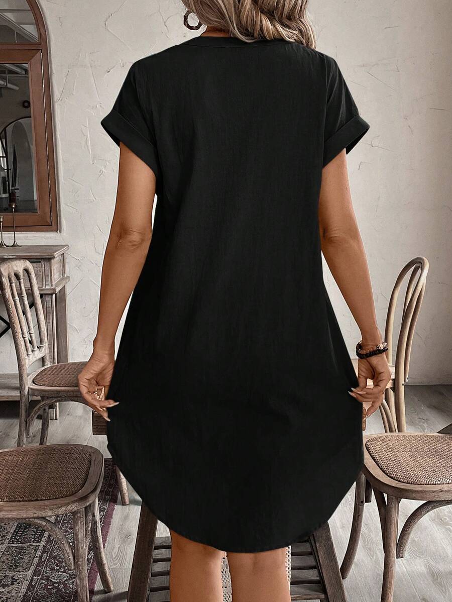 EMERY ROSE Solid Notched Button Front Batwing Sleeve Shirt Dress,Summer Dresses For Women