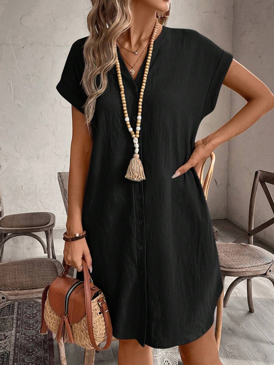EMERY ROSE Solid Notched Button Front Batwing Sleeve Shirt Dress,Summer Dresses For Women