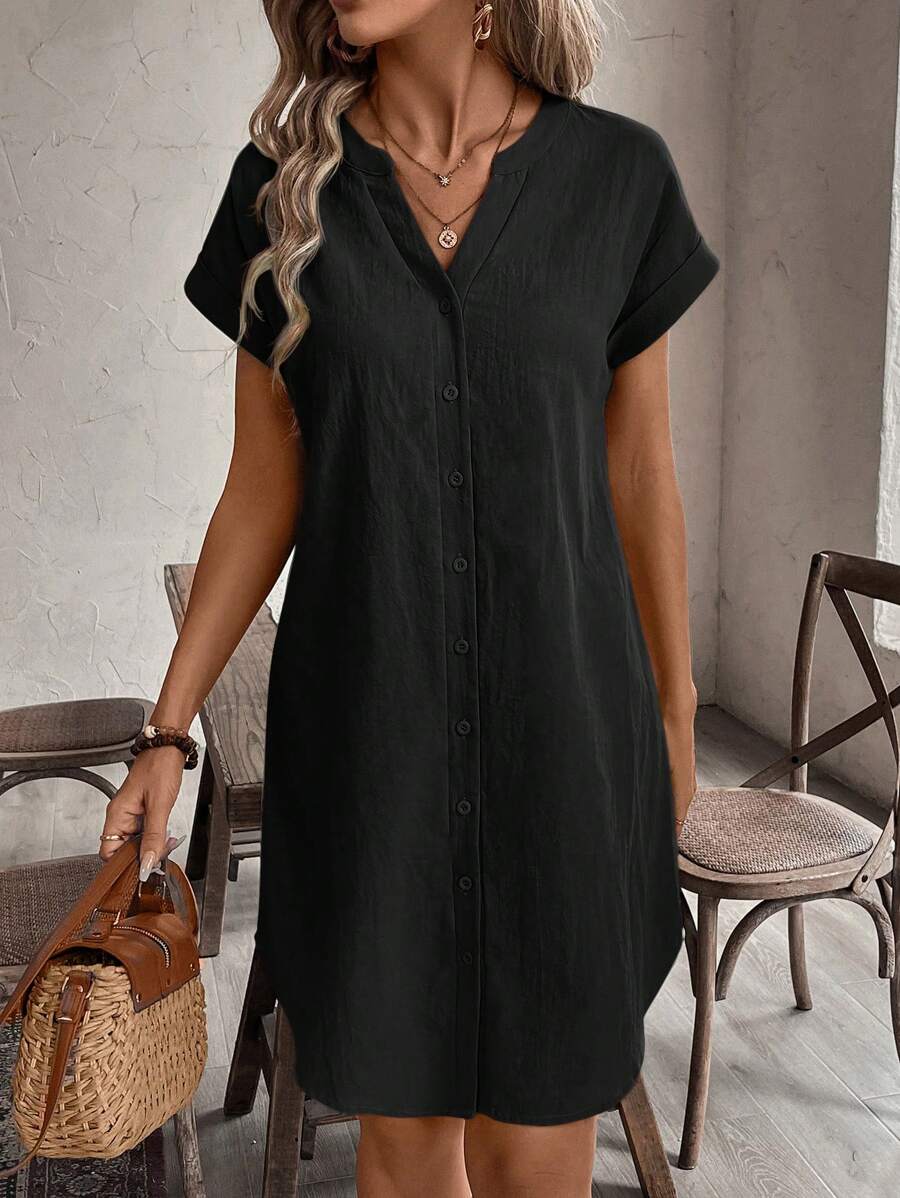 EMERY ROSE Solid Notched Button Front Batwing Sleeve Shirt Dress,Summer Dresses For Women