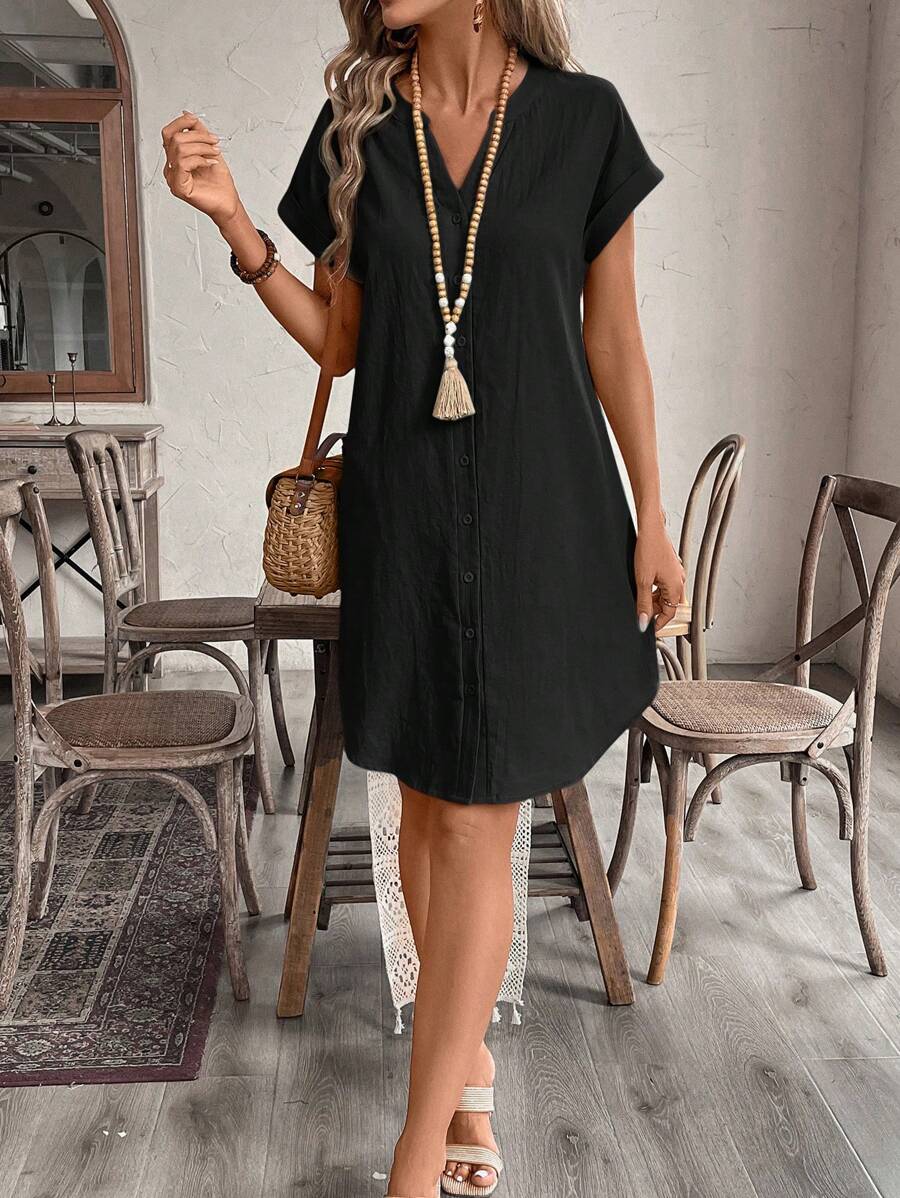 EMERY ROSE Solid Notched Button Front Batwing Sleeve Shirt Dress,Summer Dresses For Women