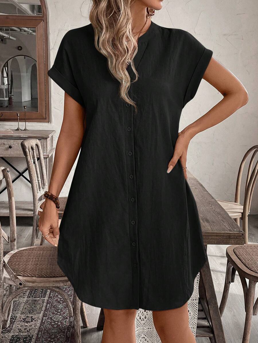 EMERY ROSE Solid Notched Button Front Batwing Sleeve Shirt Dress,Summer Dresses For Women