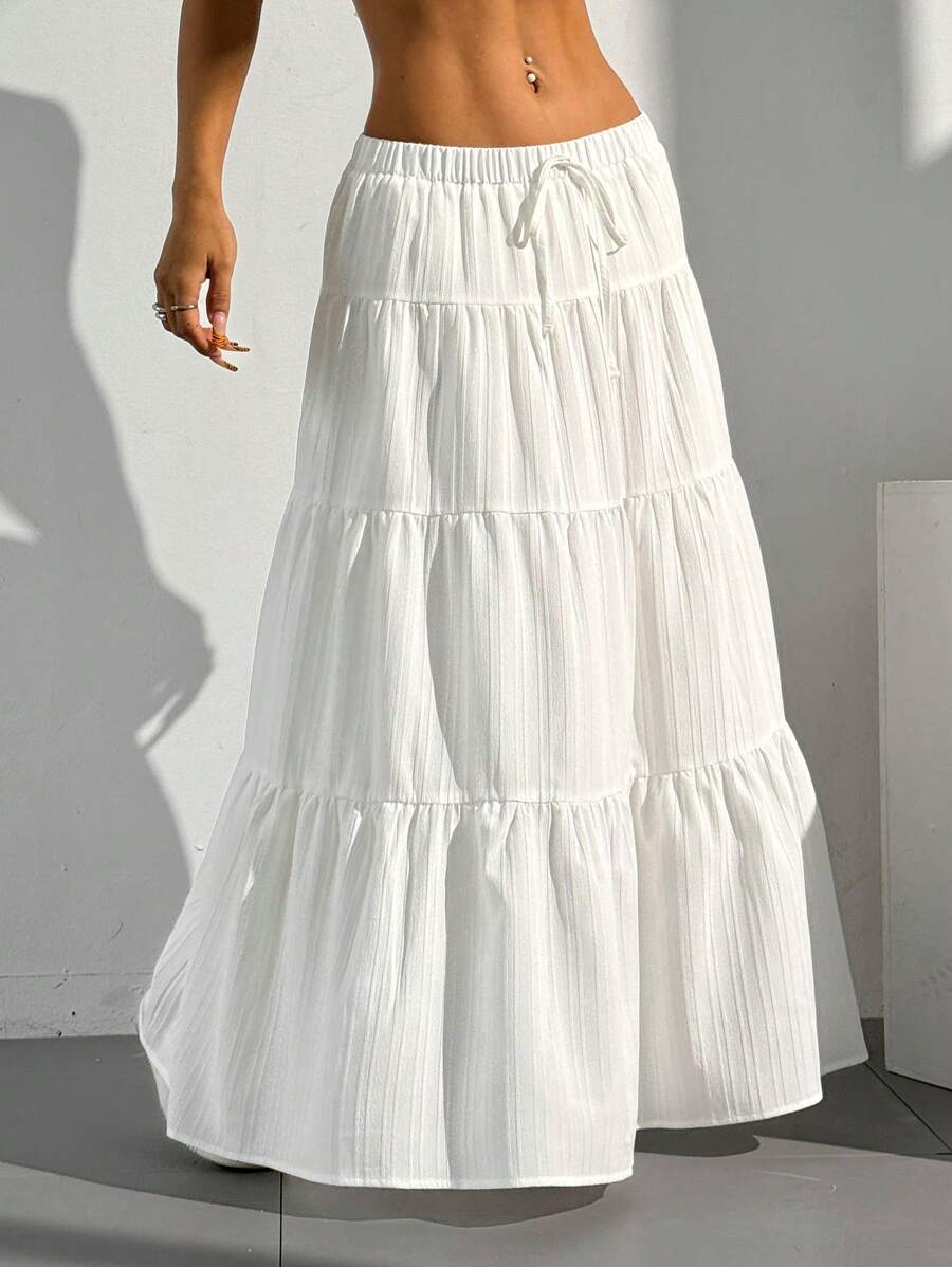 MainGRL Women Solid Color High Waist Tie Ruffled Hem Maxi Skirt