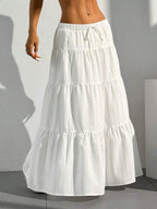 MainGRL Women Solid Color High Waist Tie Ruffled Hem Maxi Skirt