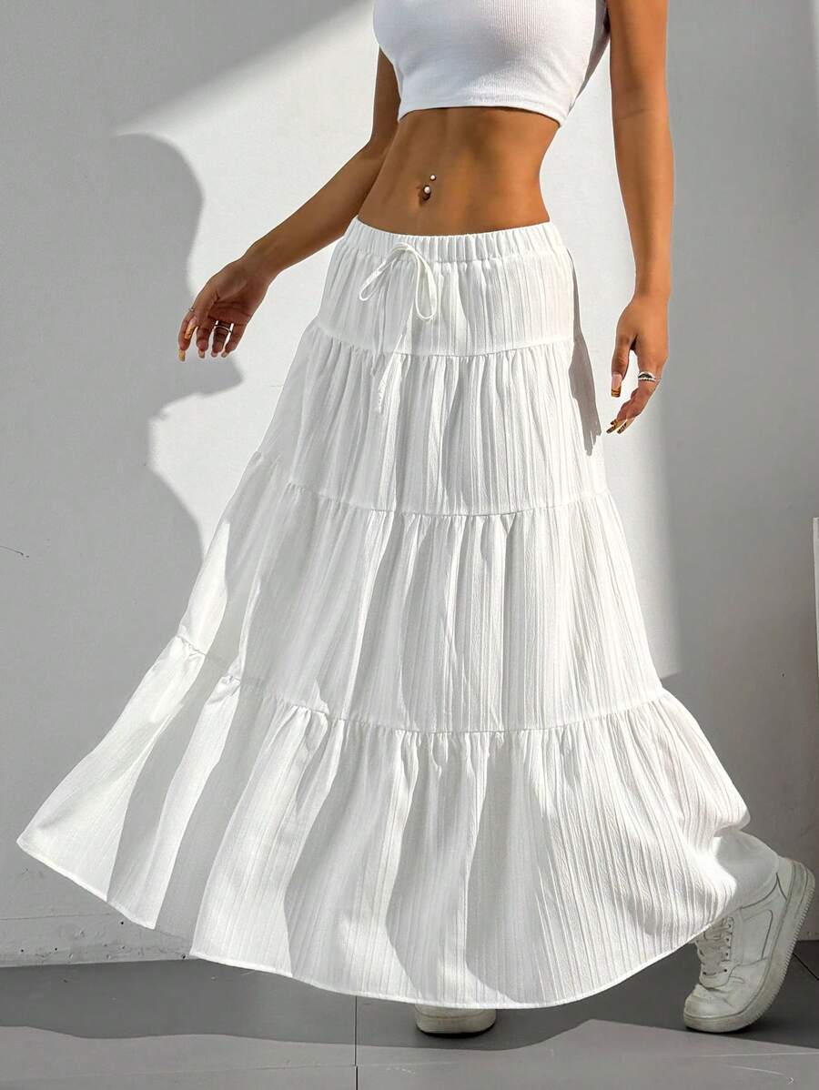 MainGRL Women Solid Color High Waist Tie Ruffled Hem Maxi Skirt