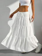 MainGRL Women Solid Color High Waist Tie Ruffled Hem Maxi Skirt