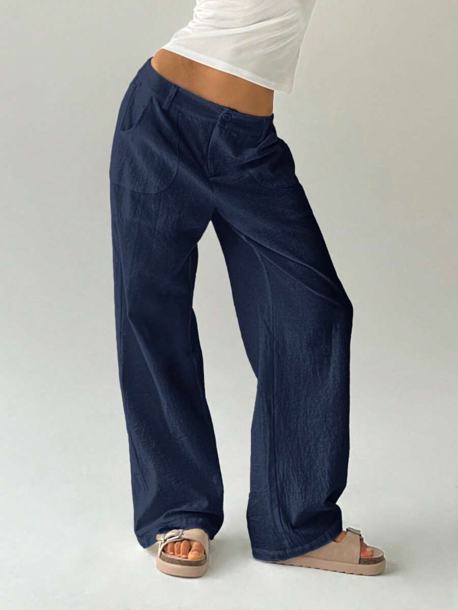 Easelle Women Plain Simple Low Waist Straight Leg Pants,Ladies Spring/Fall Casual Pocket,Zipper Ultra Low Waist Straight Leg Long Black Cotton Loose Women Pants,Casual Daily Wear