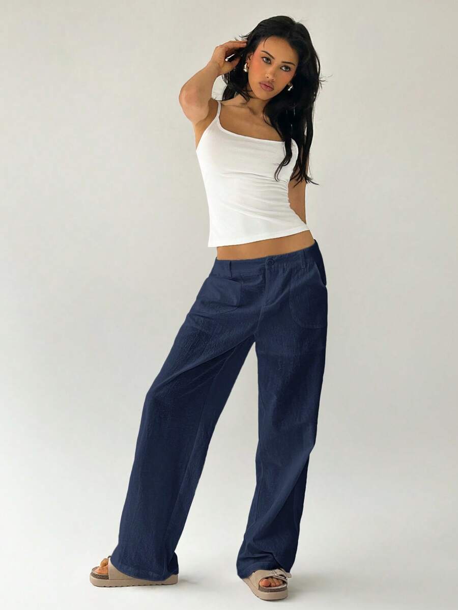 Easelle Women Plain Simple Low Waist Straight Leg Pants,Ladies Spring/Fall Casual Pocket,Zipper Ultra Low Waist Straight Leg Long Black Cotton Loose Women Pants,Casual Daily Wear
