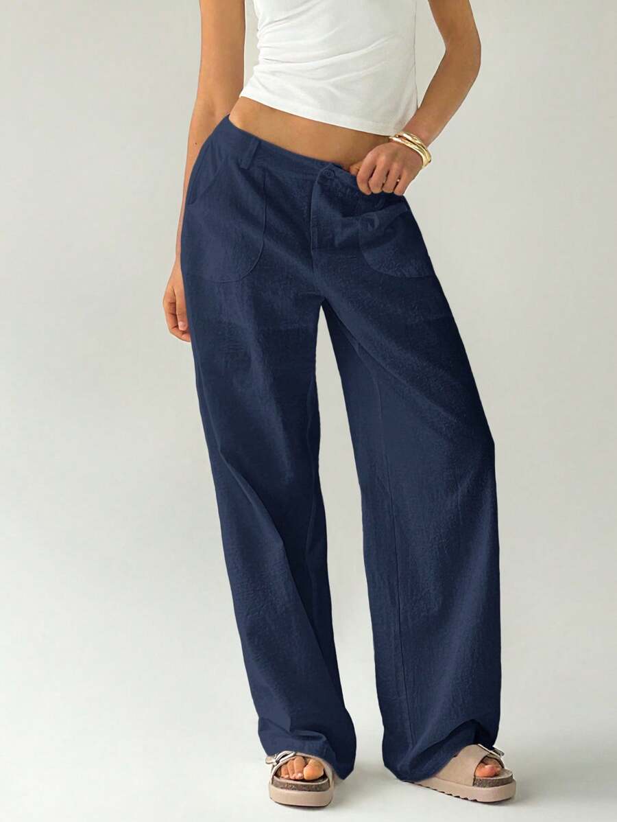 Easelle Women Plain Simple Low Waist Straight Leg Pants,Ladies Spring/Fall Casual Pocket,Zipper Ultra Low Waist Straight Leg Long Black Cotton Loose Women Pants,Casual Daily Wear