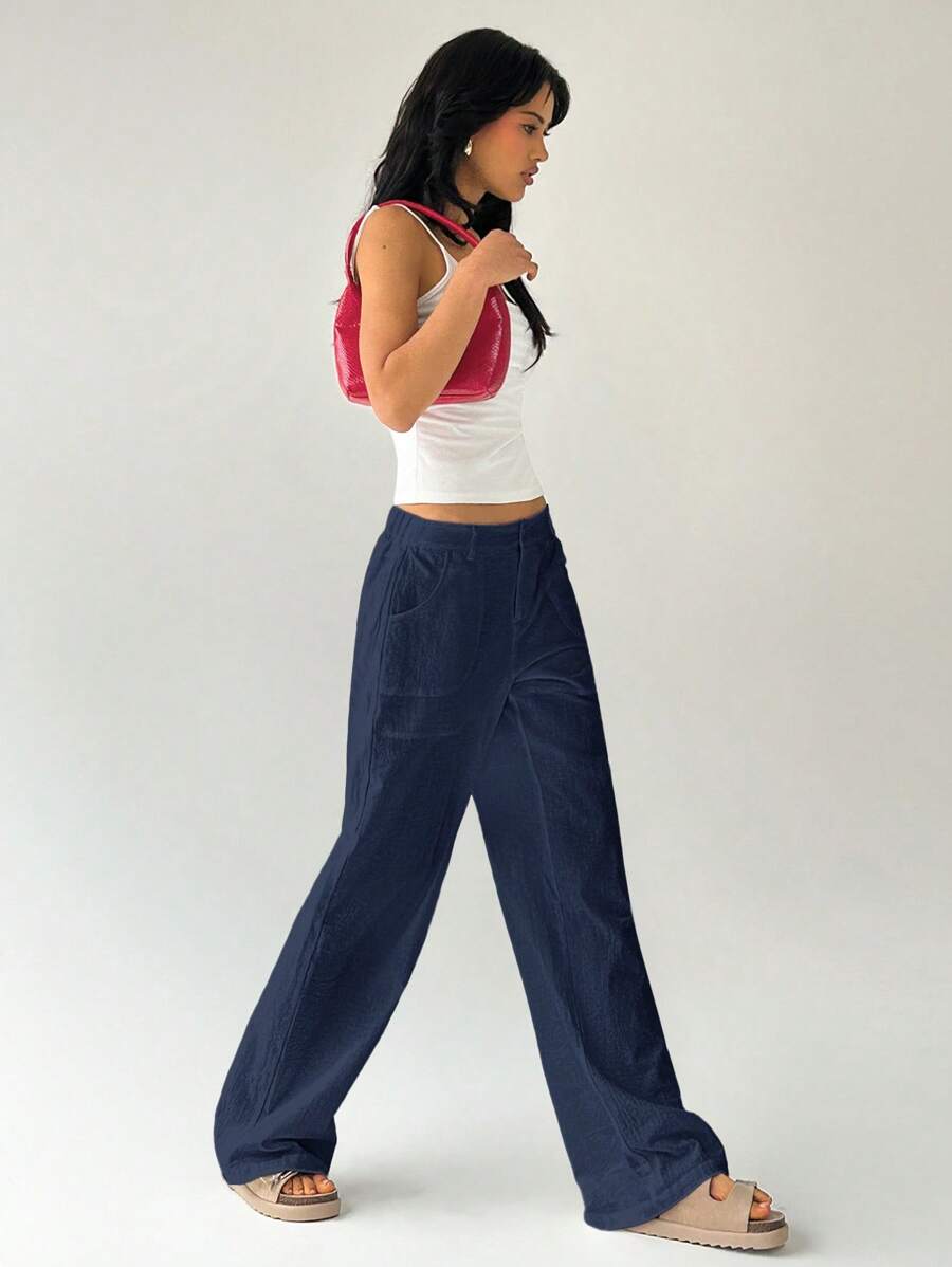 Easelle Women Plain Simple Low Waist Straight Leg Pants,Ladies Spring/Fall Casual Pocket,Zipper Ultra Low Waist Straight Leg Long Black Cotton Loose Women Pants,Casual Daily Wear