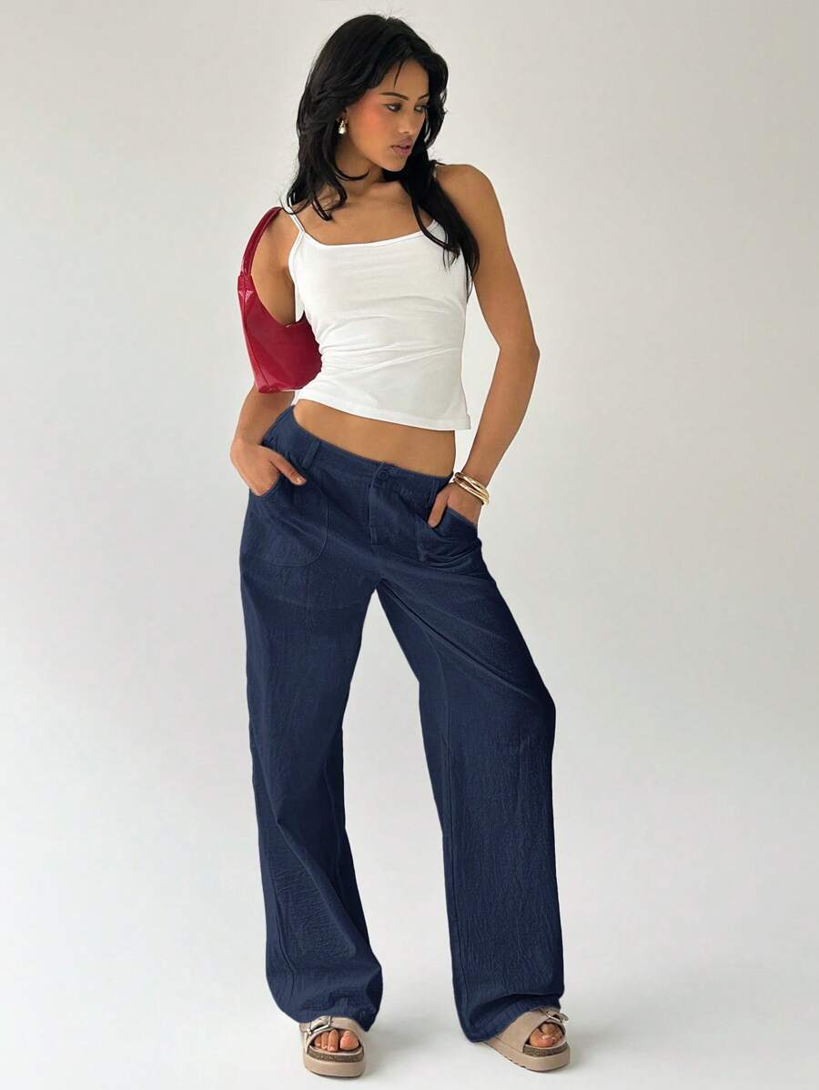 Easelle Women Plain Simple Low Waist Straight Leg Pants,Ladies Spring/Fall Casual Pocket,Zipper Ultra Low Waist Straight Leg Long Black Cotton Loose Women Pants,Casual Daily Wear