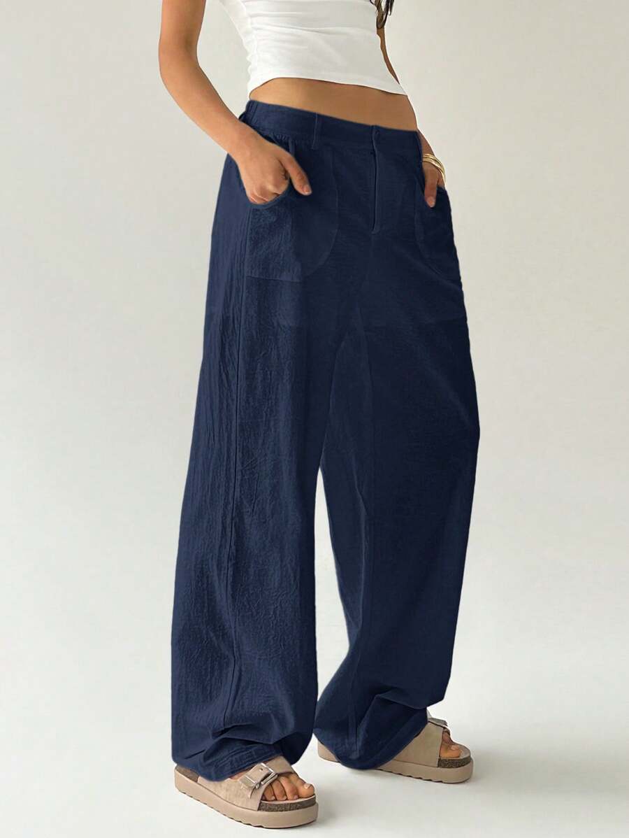 Easelle Women Plain Simple Low Waist Straight Leg Pants,Ladies Spring/Fall Casual Pocket,Zipper Ultra Low Waist Straight Leg Long Black Cotton Loose Women Pants,Casual Daily Wear