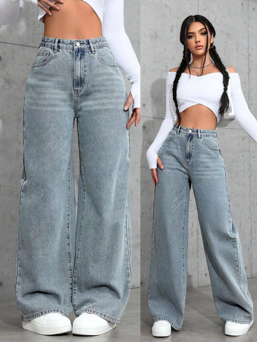 SHEIN ICON Casual Relaxed-Fit High-Waist Straight Leg Denim Jeans