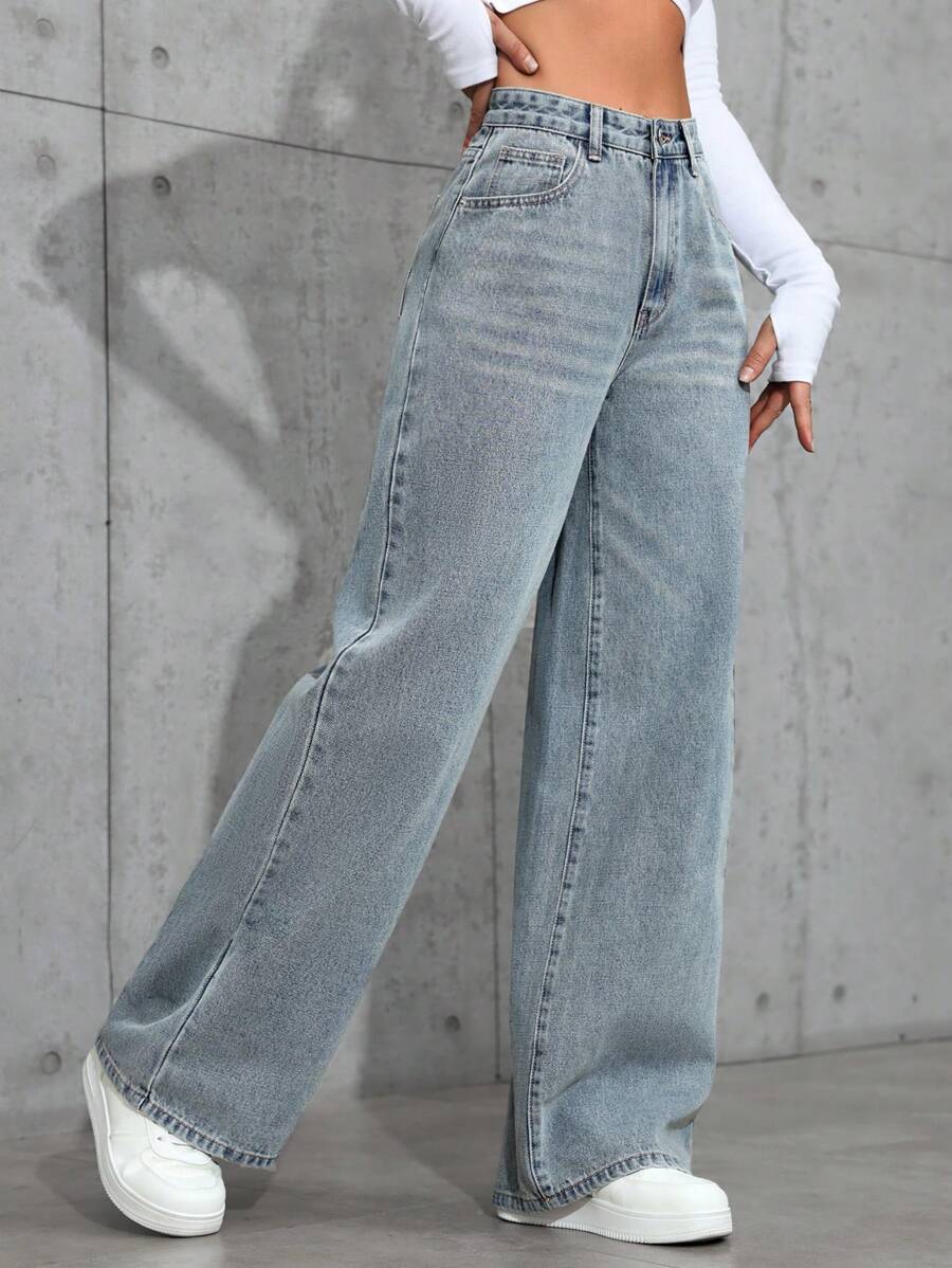SHEIN ICON Casual Relaxed-Fit High-Waist Straight Leg Denim Jeans
