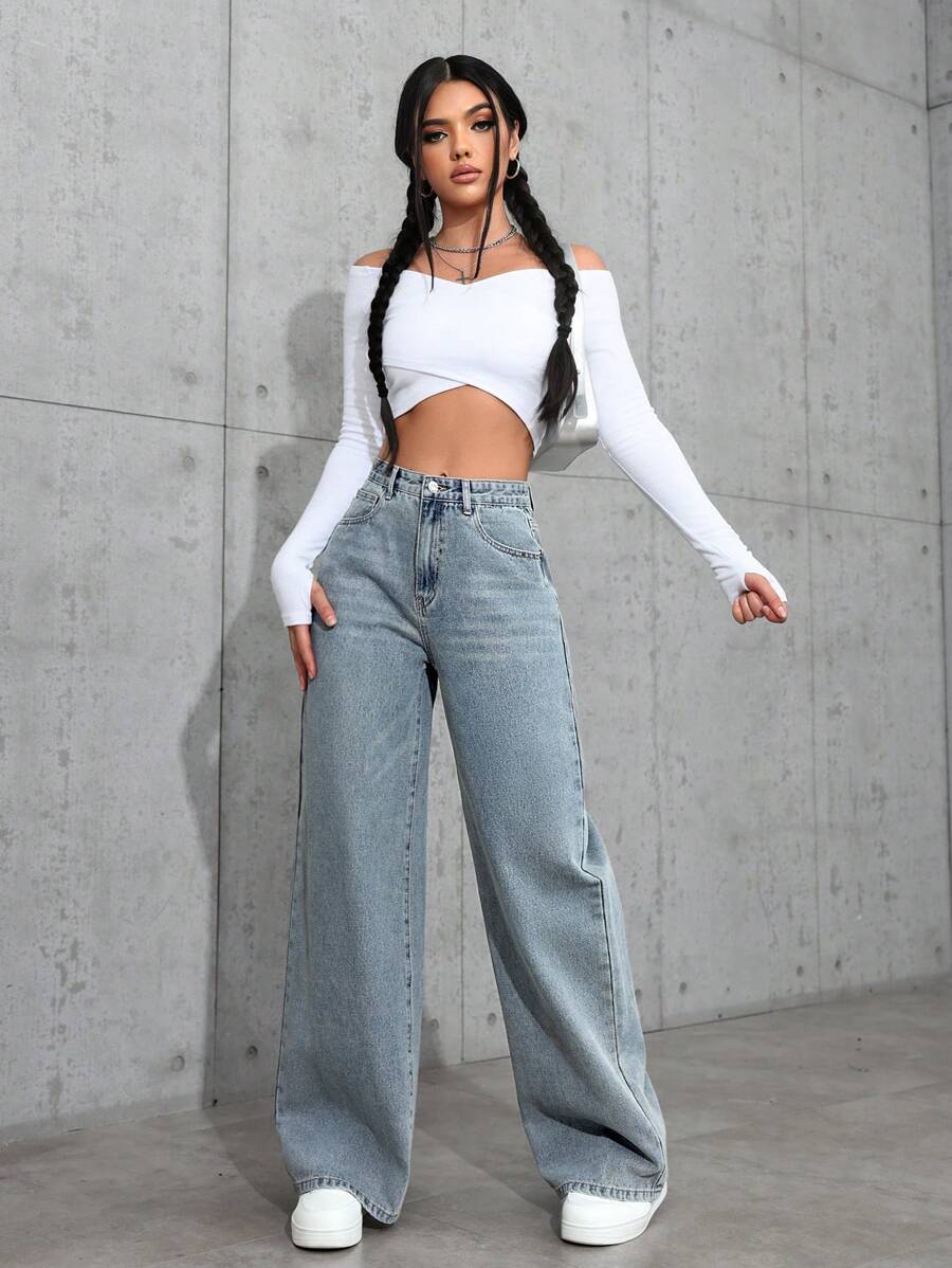 SHEIN ICON Casual Relaxed-Fit High-Waist Straight Leg Denim Jeans