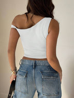 Women's Solid Color Casual Oblique Shoulder Short Sleeve Top