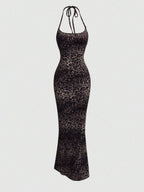 Sweetra Women's Leopard Print Mermaid Hem Fitted Elegant Halter Neck Dress Maxi Women Outfit