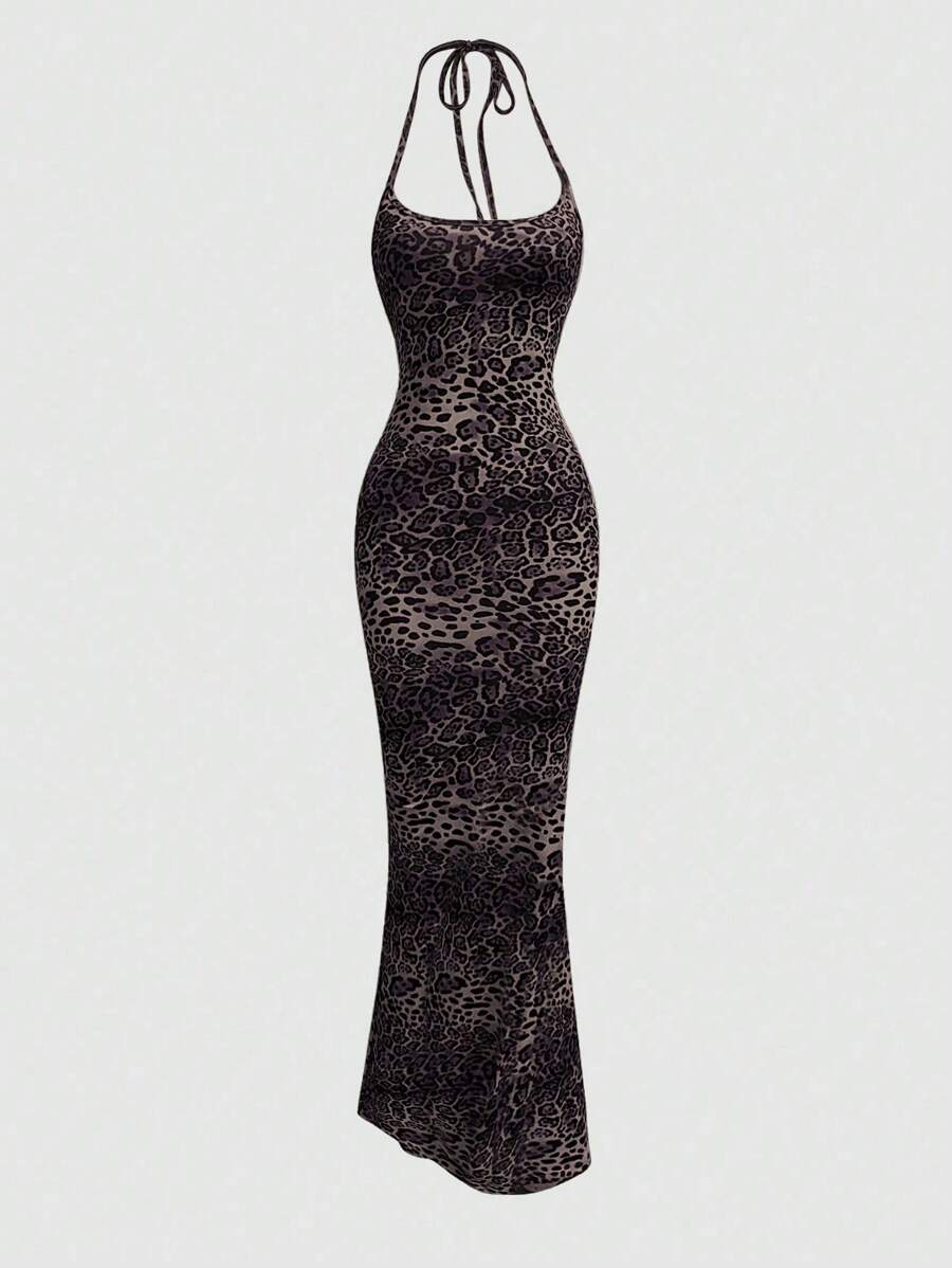Sweetra Women's Leopard Print Mermaid Hem Fitted Elegant Halter Neck Dress Maxi Women Outfit