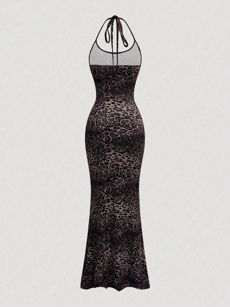 Sweetra Women's Leopard Print Mermaid Hem Fitted Elegant Halter Neck Dress Maxi Women Outfit