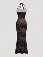 Sweetra Women's Leopard Print Mermaid Hem Fitted Elegant Halter Neck Dress Maxi Women Outfit
