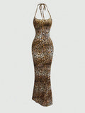 Sweetra Women's Leopard Print Mermaid Hem Fitted Elegant Halter Neck Dress Maxi Women Outfit