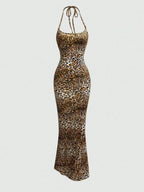 Sweetra Women's Leopard Print Mermaid Hem Fitted Elegant Halter Neck Dress Maxi Women Outfit
