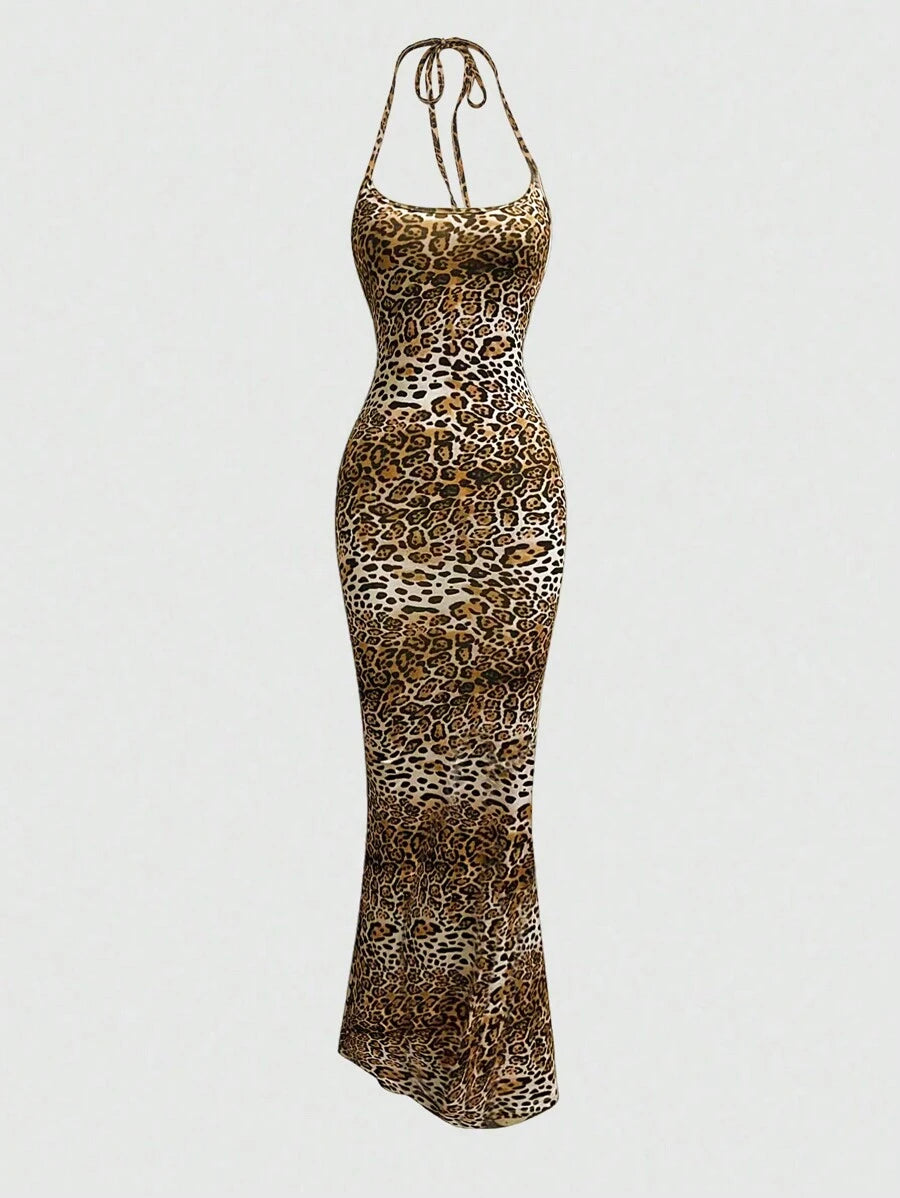 Sweetra Women's Leopard Print Mermaid Hem Fitted Elegant Halter Neck Dress Maxi Women Outfit