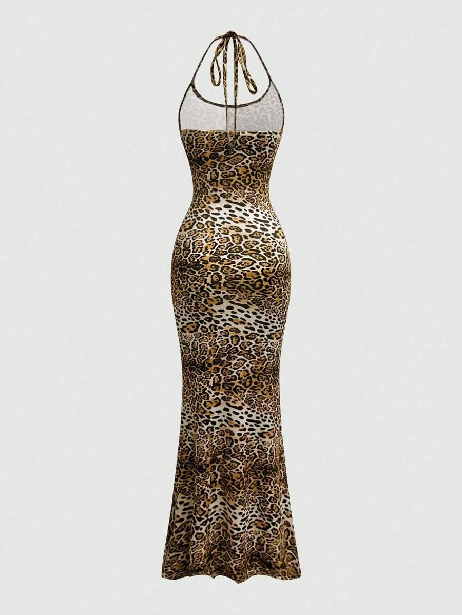 Sweetra Women's Leopard Print Mermaid Hem Fitted Elegant Halter Neck Dress Maxi Women Outfit