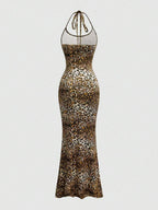 Sweetra Women's Leopard Print Mermaid Hem Fitted Elegant Halter Neck Dress Maxi Women Outfit