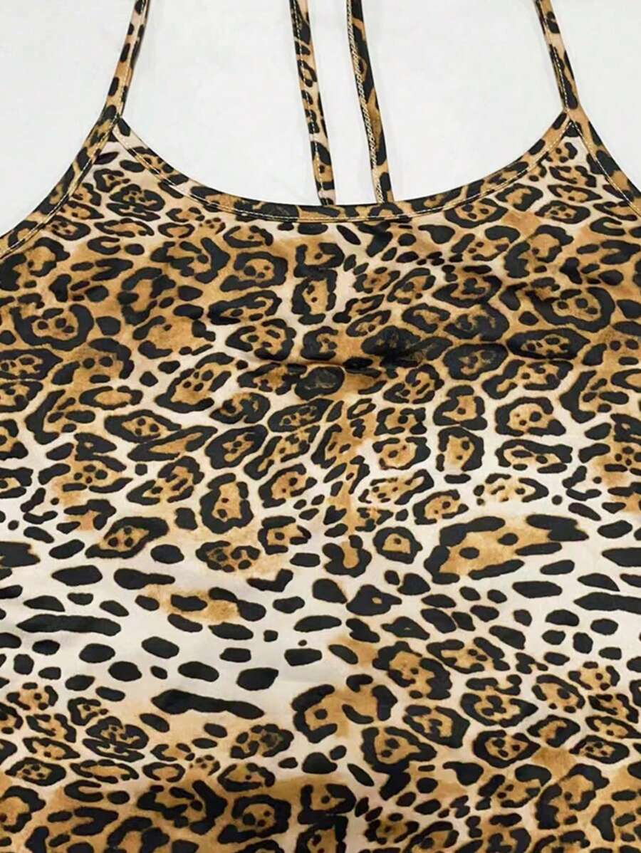 Sweetra Women's Leopard Print Mermaid Hem Fitted Elegant Halter Neck Dress Maxi Women Outfit