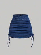 SHEIN x Lina SHEIN MOD Women's Casual Denim Skirt With Zipper Back And Side Ruched Design