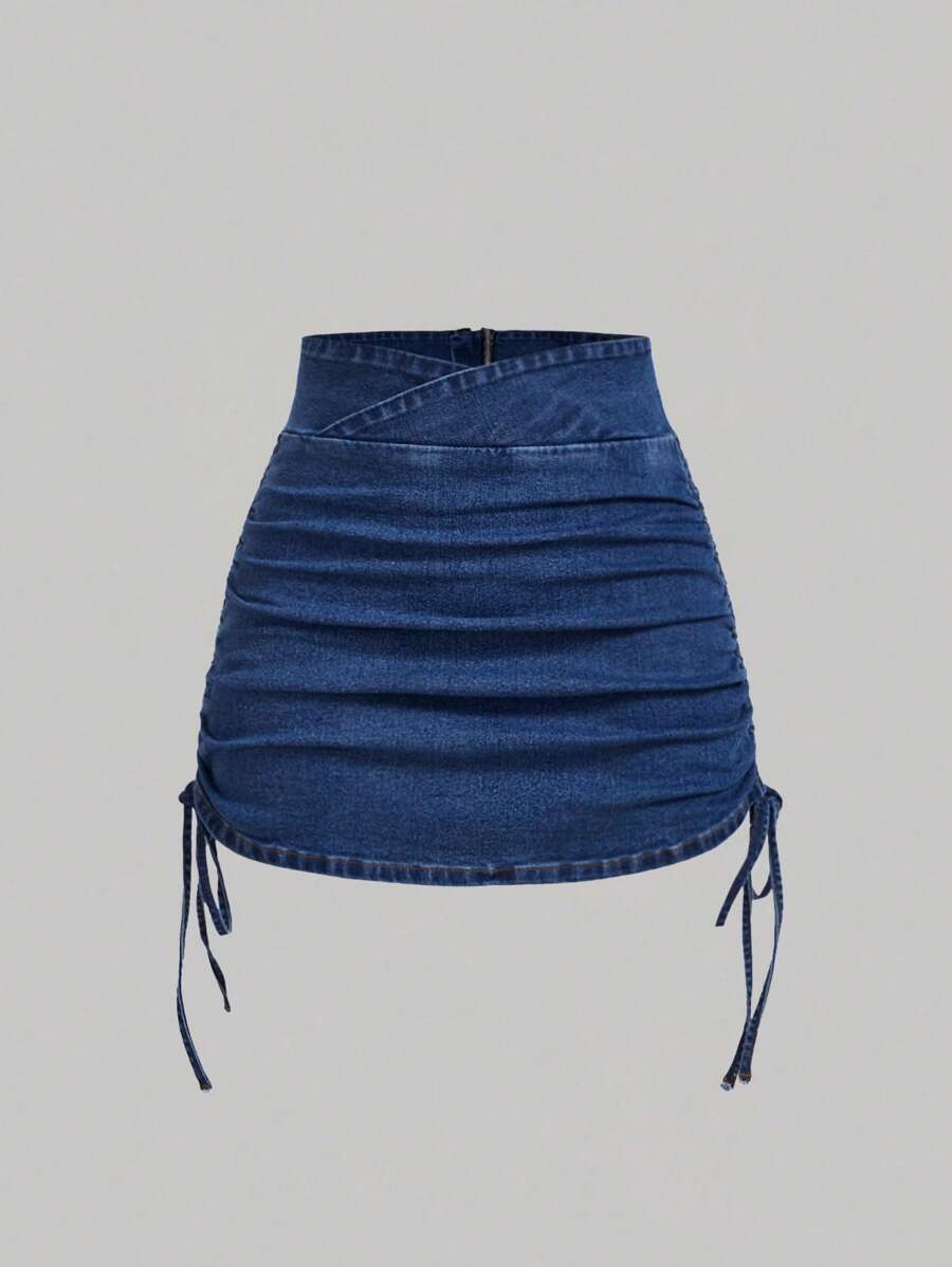 SHEIN x Lina SHEIN MOD Women's Casual Denim Skirt With Zipper Back And Side Ruched Design