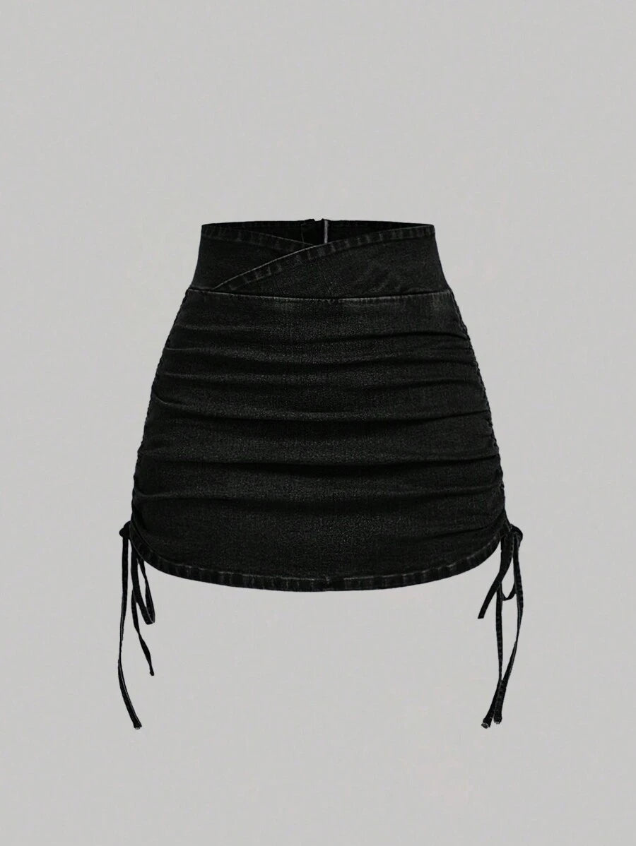 SHEIN x Lina SHEIN MOD Women's Casual Denim Skirt With Zipper Back And Side Ruched Design