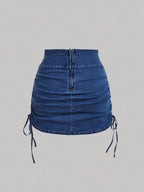 SHEIN x Lina SHEIN MOD Women's Casual Denim Skirt With Zipper Back And Side Ruched Design