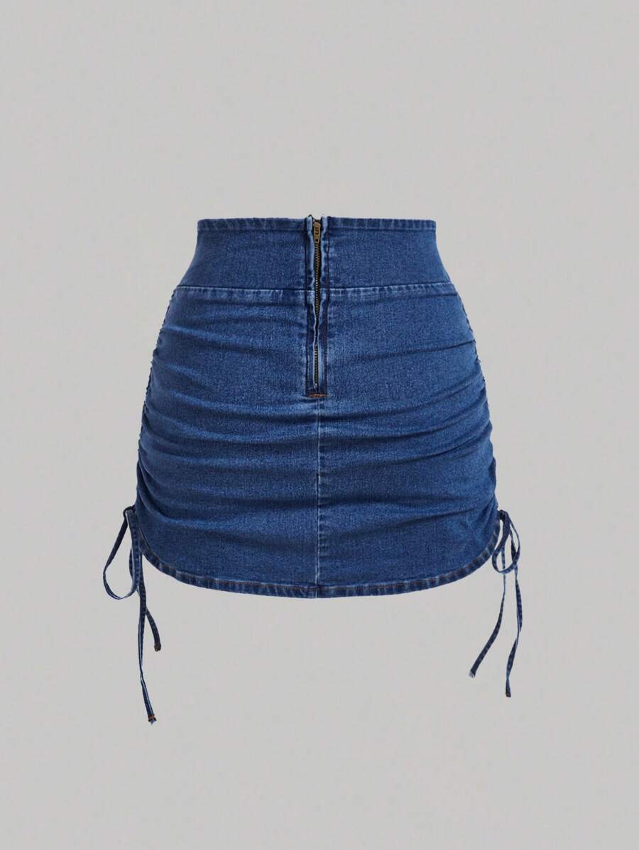SHEIN x Lina SHEIN MOD Women's Casual Denim Skirt With Zipper Back And Side Ruched Design
