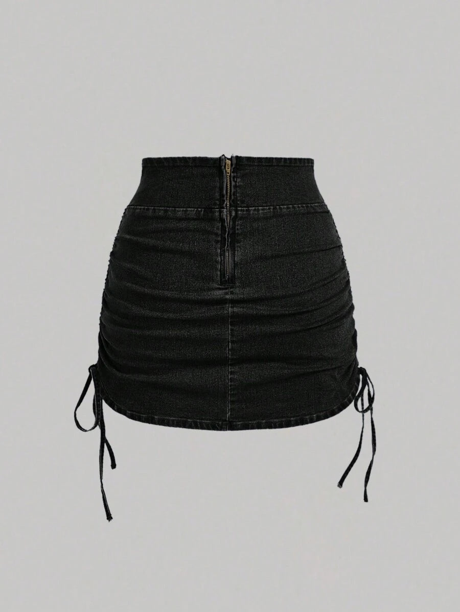 SHEIN x Lina SHEIN MOD Women's Casual Denim Skirt With Zipper Back And Side Ruched Design