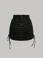 SHEIN x Lina SHEIN MOD Women's Casual Denim Skirt With Zipper Back And Side Ruched Design