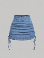 SHEIN x Lina SHEIN MOD Women's Casual Denim Skirt With Zipper Back And Side Ruched Design