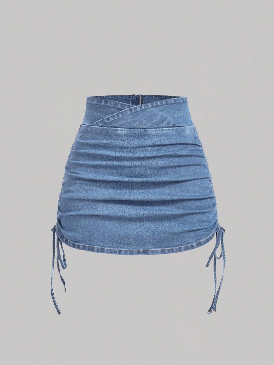 SHEIN x Lina SHEIN MOD Women's Casual Denim Skirt With Zipper Back And Side Ruched Design