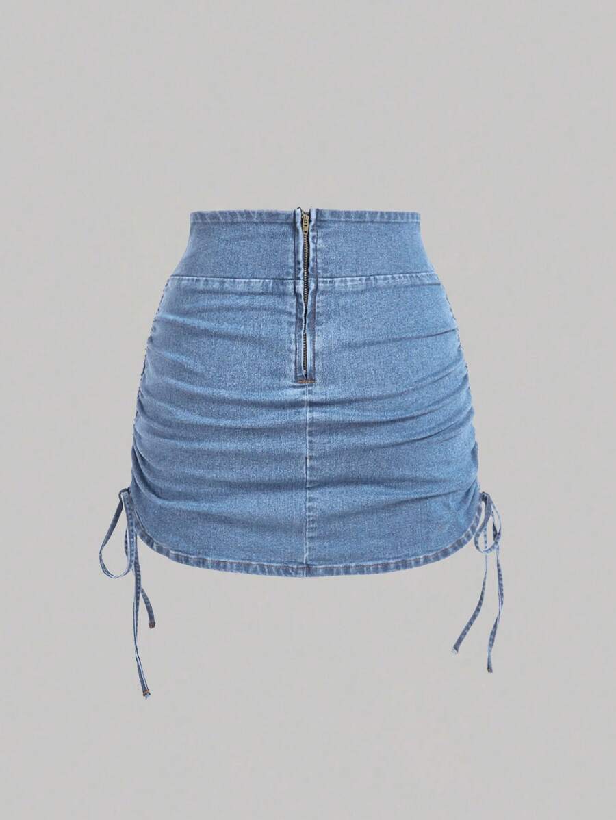 SHEIN x Lina SHEIN MOD Women's Casual Denim Skirt With Zipper Back And Side Ruched Design