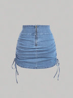 SHEIN x Lina SHEIN MOD Women's Casual Denim Skirt With Zipper Back And Side Ruched Design
