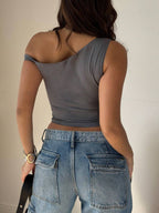 Women's Solid Color Casual Oblique Shoulder Short Sleeve Top