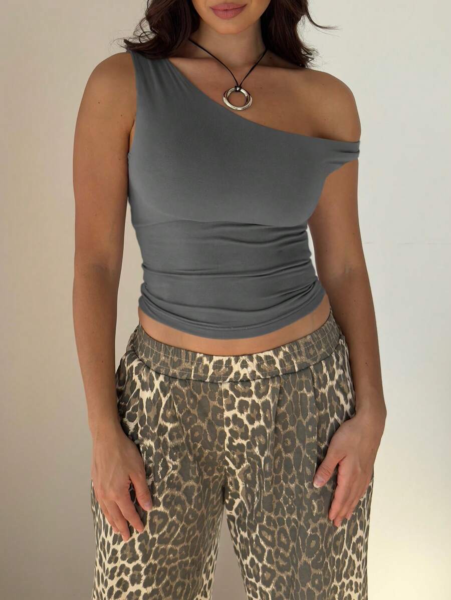 Women's Solid Color Casual Oblique Shoulder Short Sleeve Top