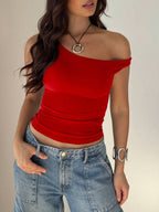 Women's Solid Color Casual Oblique Shoulder Short Sleeve Top
