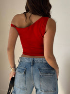 Women's Solid Color Casual Oblique Shoulder Short Sleeve Top